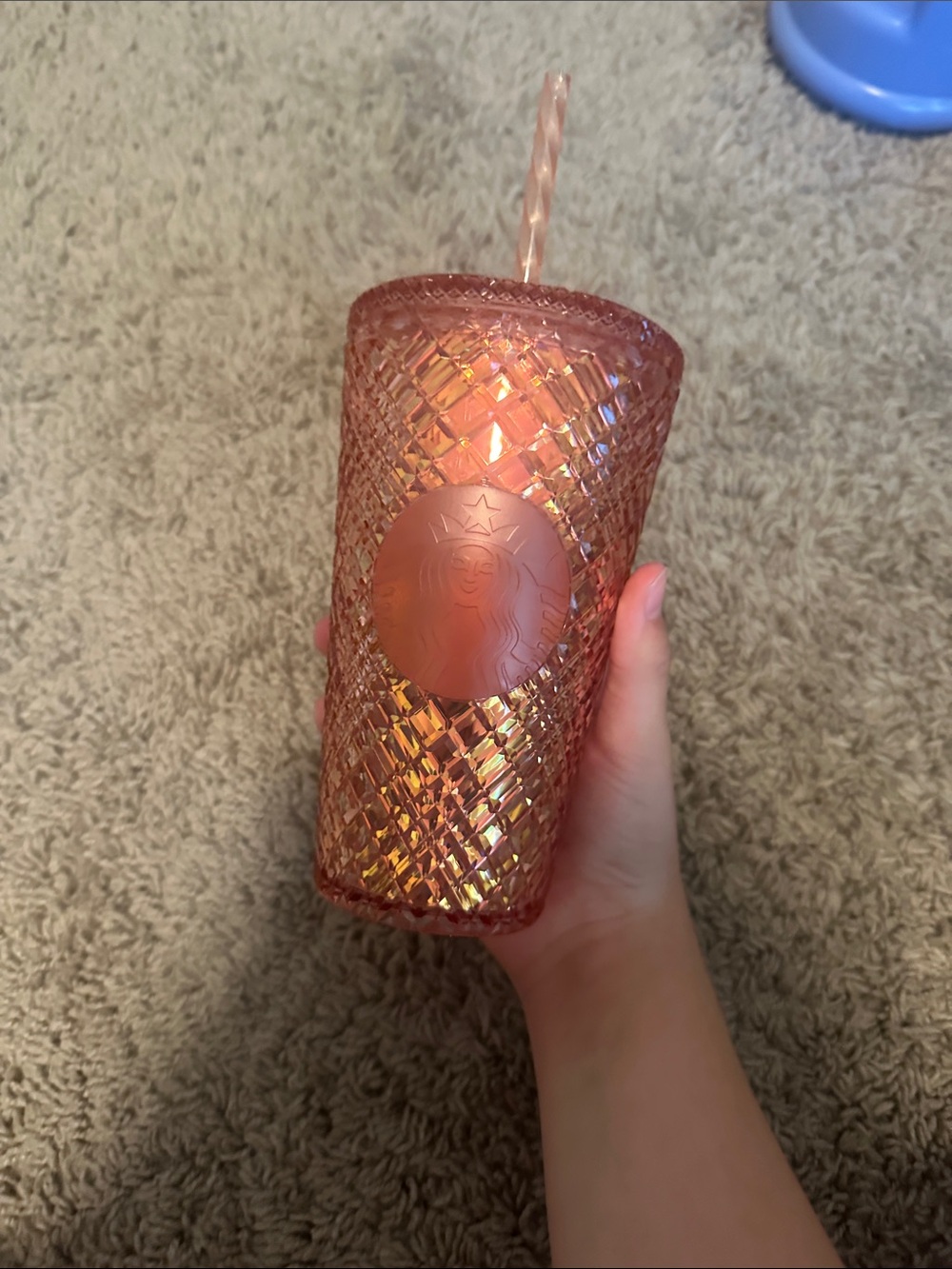 Starbucks Iridescent Rose Pink Pressed Glass Cold Cup with Straw